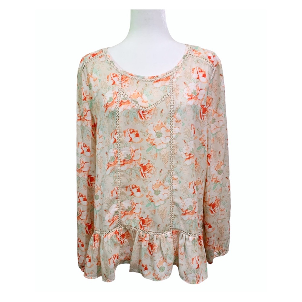 Downeast Blouse Pastel Floral Print Crochet Design Blouse Size XL